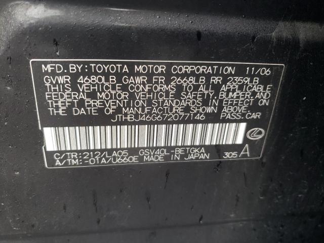 JTHBJ46G672077146 - 2007 LEXUS ES 350 BLACK photo 12