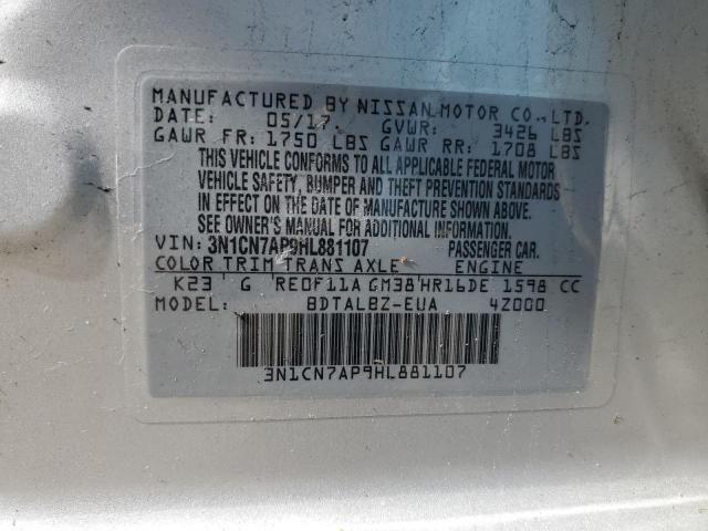 3N1CN7AP9HL881107 - 2017 NISSAN VERSA S SILVER photo 12