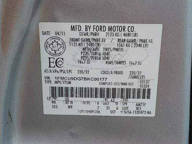 1FMCU9DG7BKC00177 - 2011 FORD ESCAPE XLT SILVER photo 12