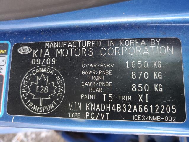 KNADH4B32A6612205 - 2010 KIA RIO LX BLUE photo 12