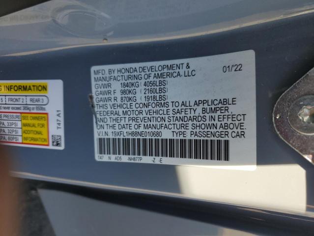 19XFL1H88NE010680 - 2022 HONDA CIVIC SPORT TOURING GRAY photo 13