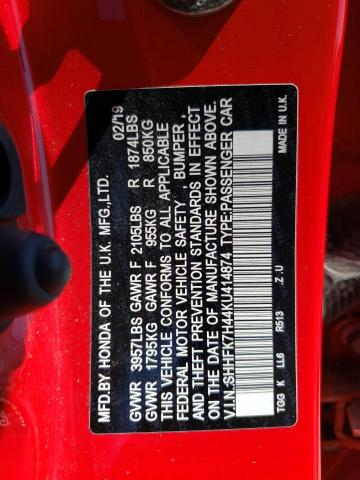 SHHFK7H44KU414874 - 2019 HONDA CIVIC SPORT 红色 照片 12