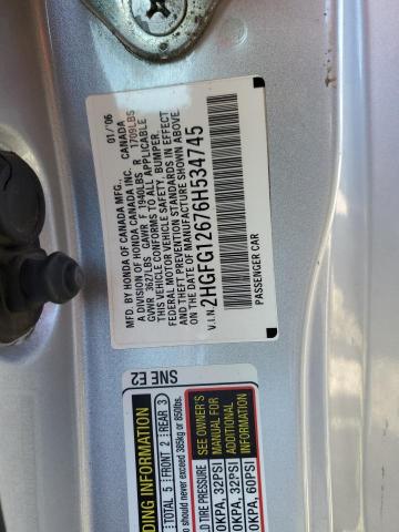 2HGFG12676H534745 - 2006 HONDA CIVIC LX SILVER photo 12