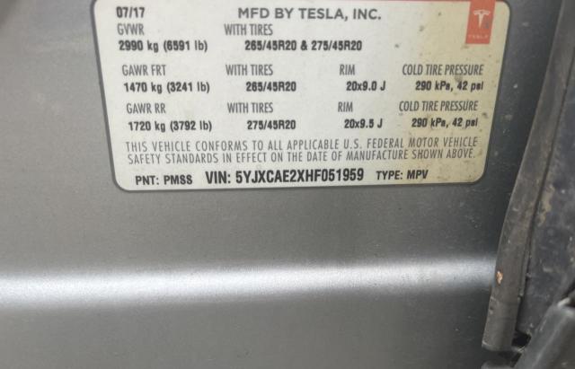 5YJXCAE2XHF051959 - 2017 TESLA MODEL X SILVER photo 10