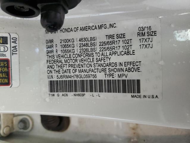 5J6RM4H78GL059756 - 2016 HONDA CR-V EXL WHITE photo 12