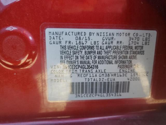 3N1CE2CP4GL354316 - 2016 NISSAN VERSA NOTE S RED photo 12