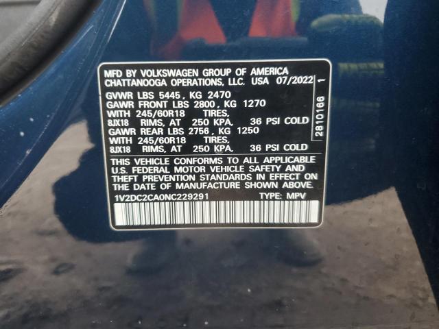 1V2DC2CA0NC229291 - 2022 VOLKSWAGEN ATLAS CROS SE BLUE photo 13