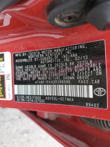 4T4BF1FKXDR288986 - 2013 TOYOTA CAMRY L RED photo 12