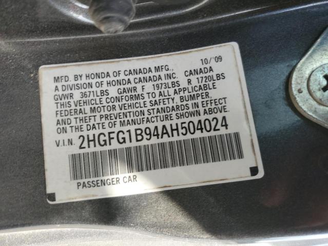 2HGFG1B94AH504024 - 2010 HONDA CIVIC EXL ნაცრისფერი ფოტო 12