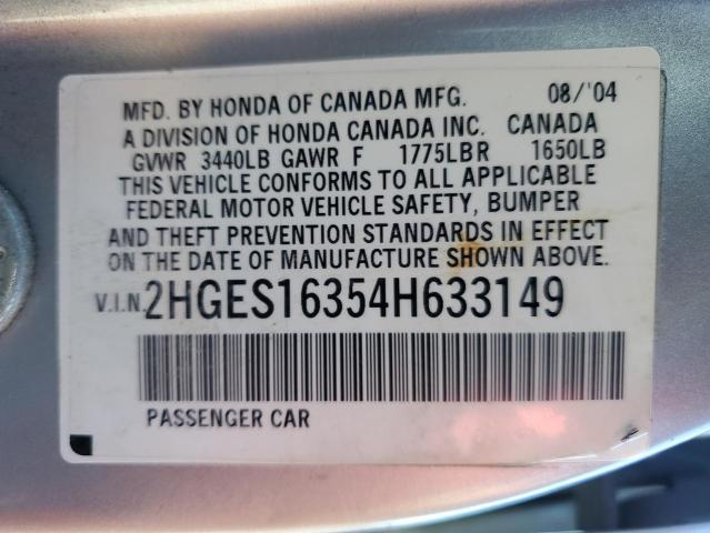 2HGES16354H633149 - 2004 HONDA CIVIC DX VP Արծաթագույն լուսանկար 12