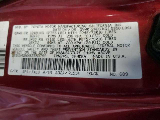 5TEUX42NX8Z580799 - 2008 TOYOTA TACOMA ACCESS CAB ბურგუნდია ფოტო 13