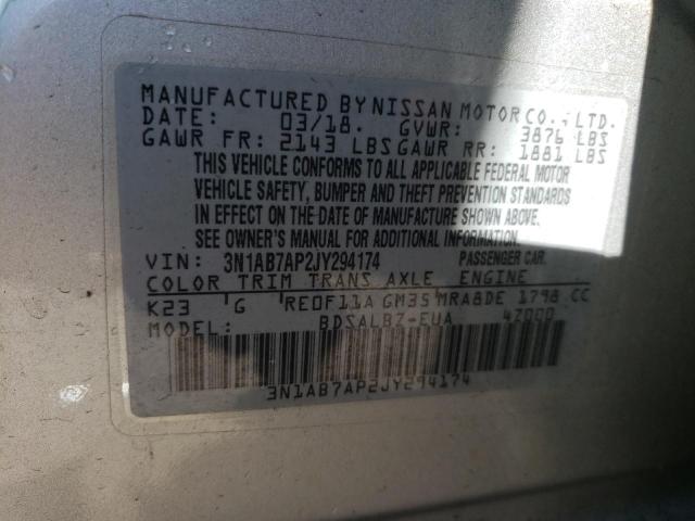 3N1AB7AP2JY294174 - 2018 NISSAN SENTRA S SILVER photo 12