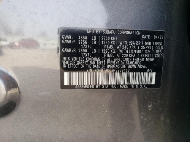 4S4BTADC9N3239462 - 2022 SUBARU OUTBACK PREMIUM GRAY photo 12