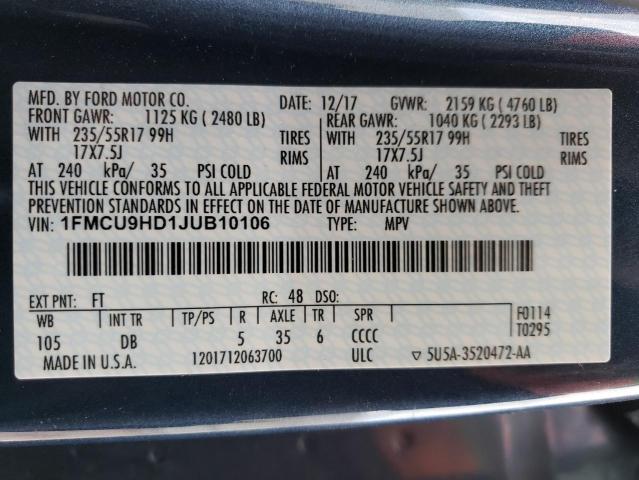 1FMCU9HD1JUB10106 - 2018 FORD ESCAPE SEL BLUE photo 13