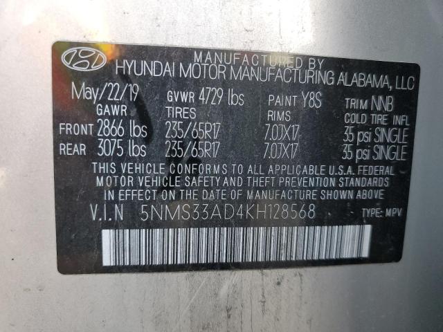 5NMS33AD4KH128568 - 2019 HYUNDAI SANTA FE SEL SILVER photo 12