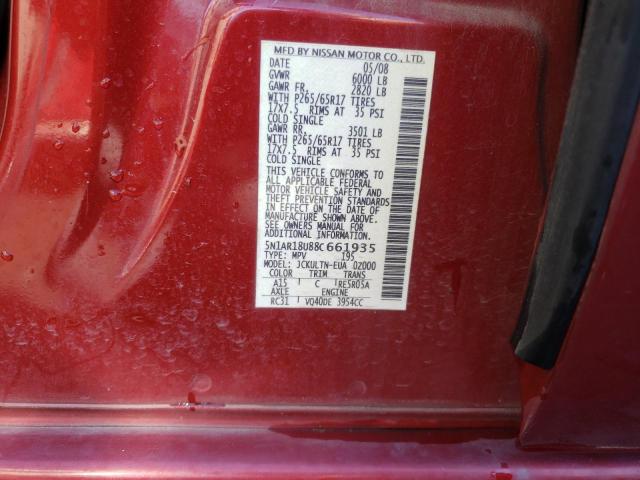 5N1AR18U88C661935 - 2008 NISSAN PATHFINDER S BURGUNDY photo 13