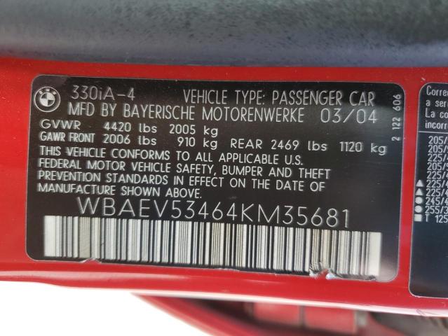 WBAEV53464KM35681 - 2004 BMW 330 I RED photo 12