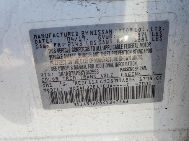 3N1AB7AP8KY342553 - 2019 NISSAN SENTRA S WHITE photo 13