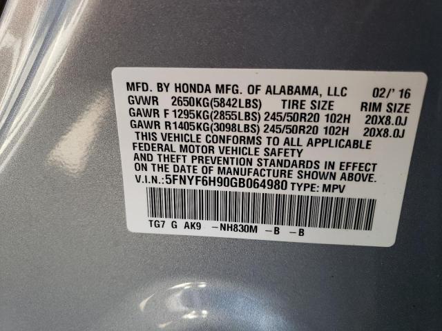 5FNYF6H90GB064980 - 2016 HONDA PILOT TOURING SILVER photo 12