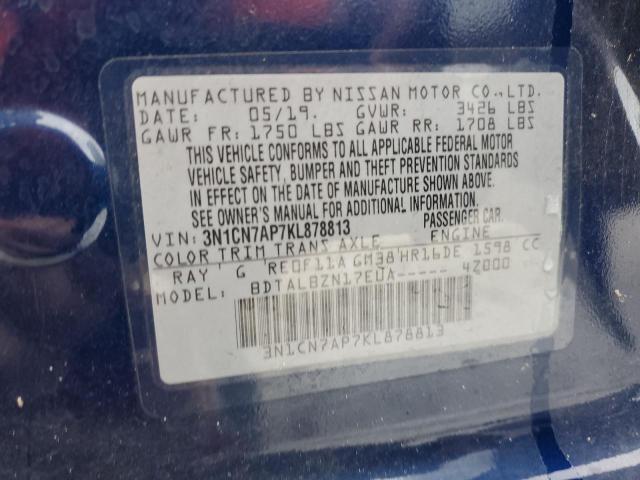 3N1CN7AP7KL878813 - 2019 NISSAN VERSA S BLUE photo 12