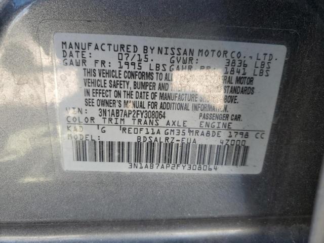 3N1AB7AP2FY308064 - 2015 NISSAN SENTRA S GRAY photo 12