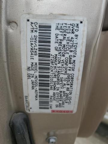 JT2BF22K710331346 - 2001 TOYOTA CAMRY CE TAN photo 12