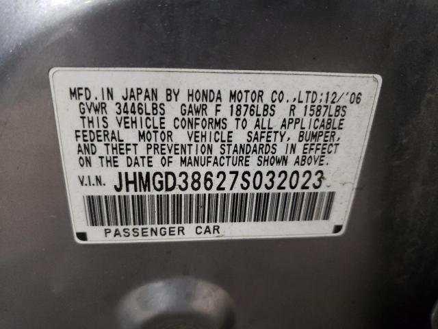 JHMGD38627S032023 - 2007 HONDA FIT S ვერცხლისფერი ფოტო 12