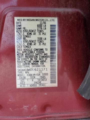 5N1AR18W07C621171 - 2007 NISSAN PATHFINDER LE წითელი ფოტო 14
