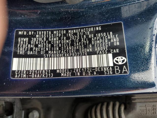 5YFBURHEXKP932376 - 2019 TOYOTA COROLLA L BLUE photo 12