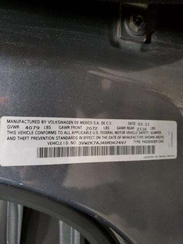 3VW2K7AJ4BM367497 - 2011 VOLKSWAGEN JETTA BASE Մոխրագույն լուսանկար 12