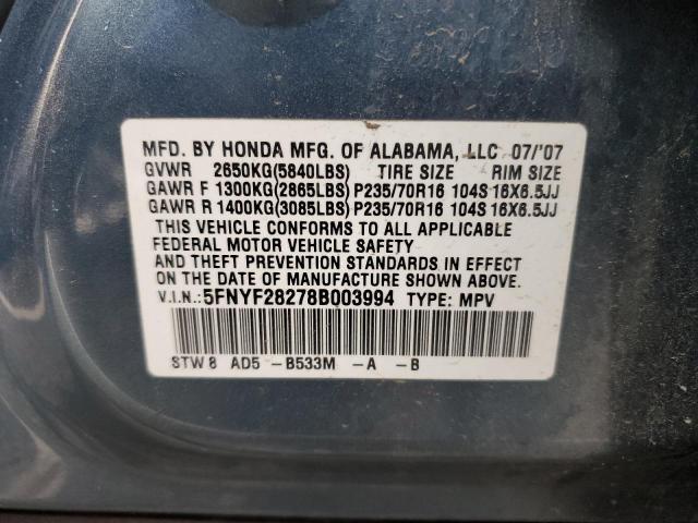 5FNYF28278B003994 - 2008 HONDA PILOT VP BLUE photo 13