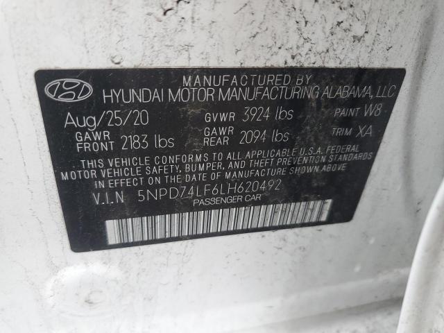 5NPD74LF6LH620492 - 2020 HYUNDAI ELANTRA SE WHITE photo 12