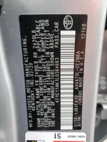 4T1C11AK1LU364663 - 2020 TOYOTA CAMRY LE SILVER photo 12