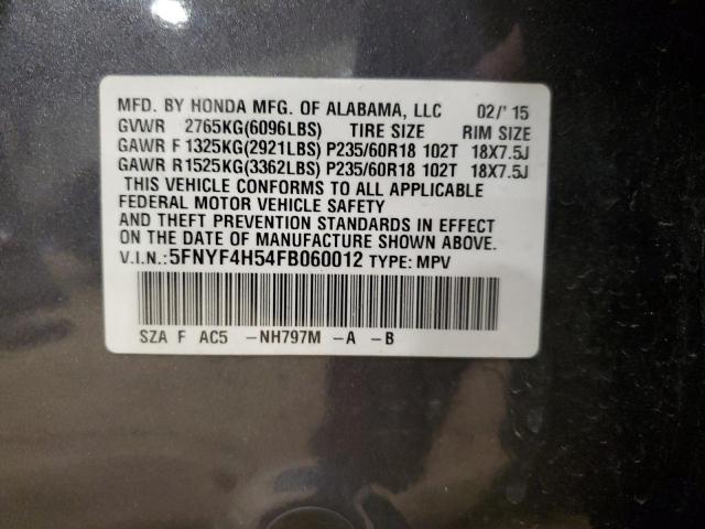 5FNYF4H54FB060012 - 2015 HONDA PILOT EXL CHARCOAL photo 14