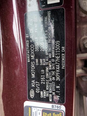 3KPFK4A77HE115009 - 2017 KIA FORTE LX MAROON photo 12