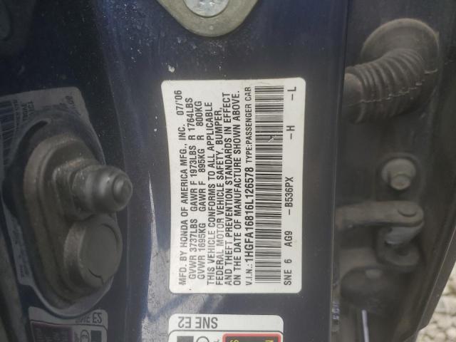 1HGFA16816L126578 - 2006 HONDA CIVIC EX BLUE photo 12