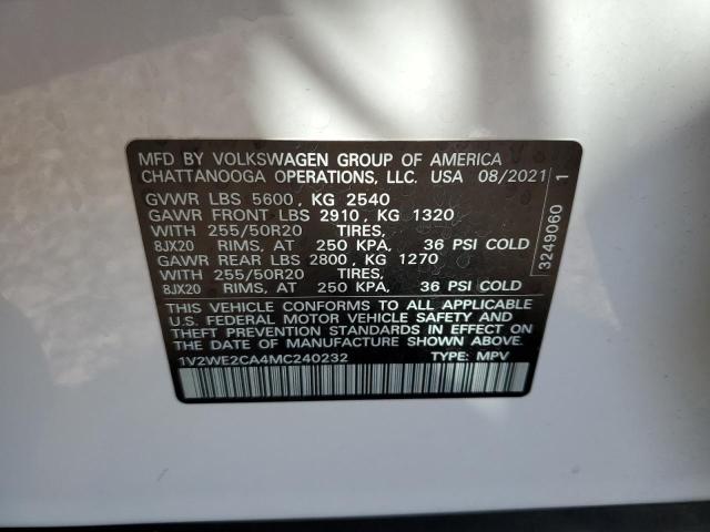 1V2WE2CA4MC240232 - 2021 VOLKSWAGEN ATLAS CROS SE Белый фото 12