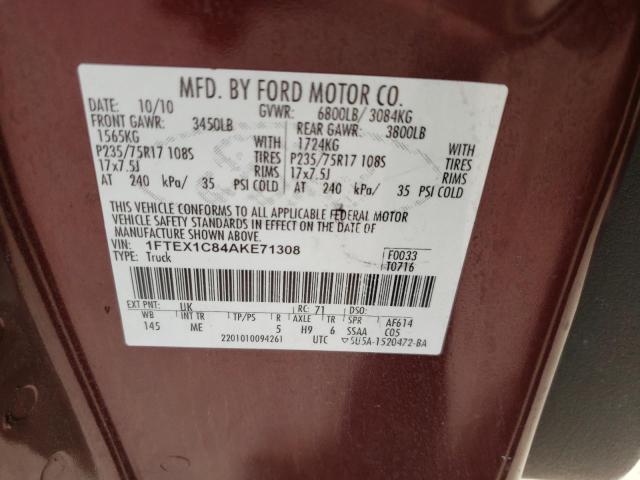 1FTEX1C84AKE71308 - 2010 FORD F150 SUPER CAB MAROON photo 13