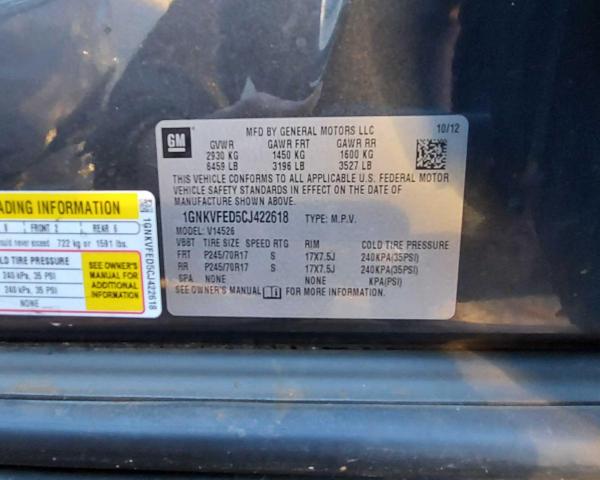 1GNKVFED5CJ422618 - 2012 CHEVROLET TRAVERSE LS GRAY photo 10