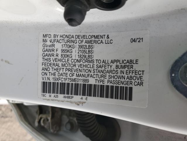 19XFC1F75ME011889 - 2021 HONDA CIVIC EXL თეთრი ფოტო 12