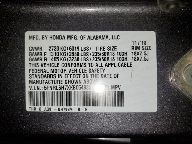 5FNRL6H7XKB054932 - 2019 HONDA ODYSSEY EXL GRAY photo 13