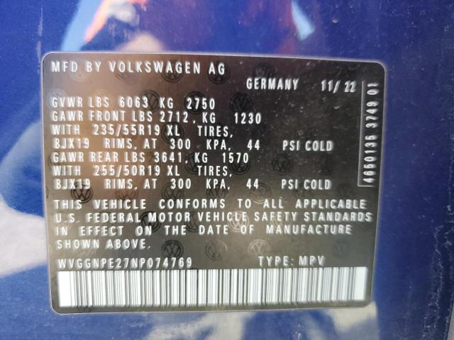 WVGGNPE27NP074769 - 2022 VOLKSWAGEN ID.4 PRO S ლურჯი ფოტო 12