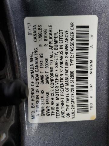 2HGFC2F72HH512806 - 2017 HONDA CIVIC EX GRAY photo 12