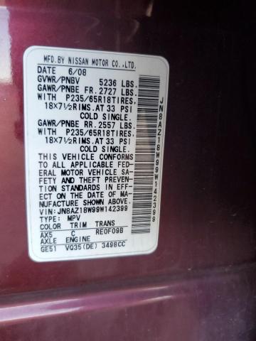 JN8AZ18W99W142399 - 2009 NISSAN MURANO S MAROON photo 12