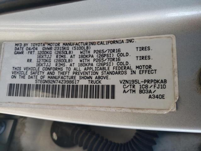 5TEGN92N74Z398617 - 2004 TOYOTA TACOMA DOUBLE CAB PRERUNNER SILVER photo 12