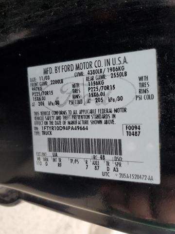 1FTYR10D94PA49664 - 2004 FORD RANGER BLACK photo 12