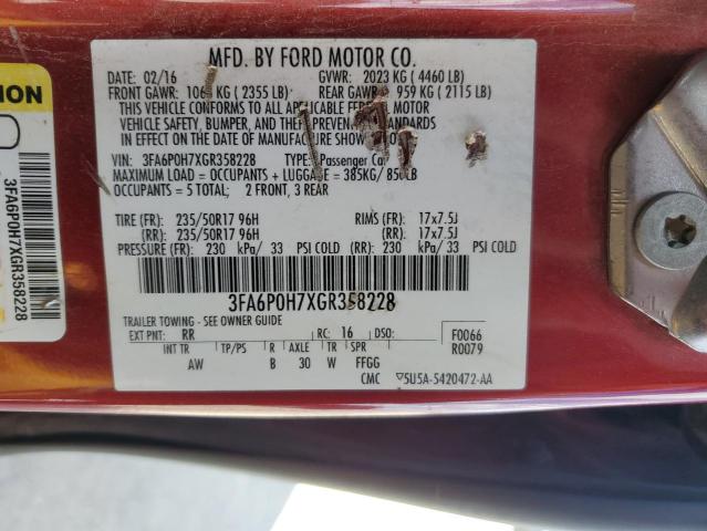 3FA6P0H7XGR358228 - 2016 FORD FUSION SE RED photo 12