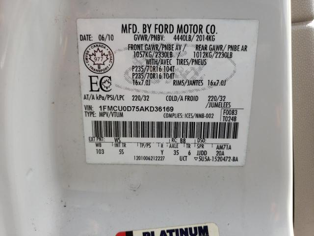 1FMCU0D75AKD36169 - 2010 FORD ESCAPE XLT WHITE photo 12