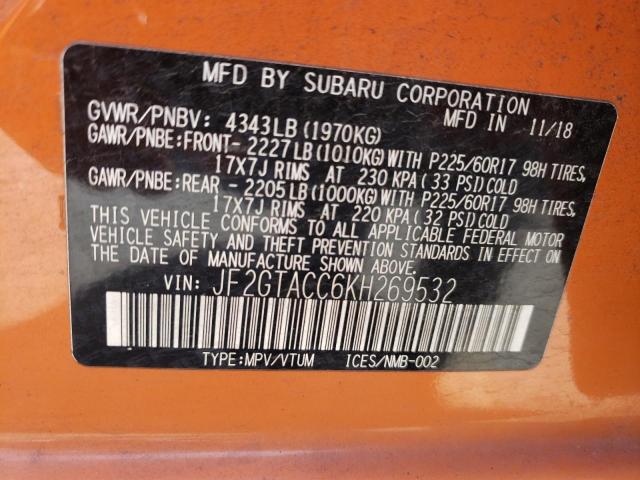 JF2GTACC6KH269532 - 2019 SUBARU CROSSTREK PREMIUM 橙色 照片 10