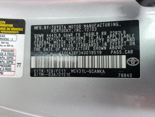 4T1CA38P34U019519 - 2004 TOYOTA CAMRY SOLA SE SILVER photo 12